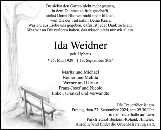 Traueranzeige von Ida Weidner von Die Glocke