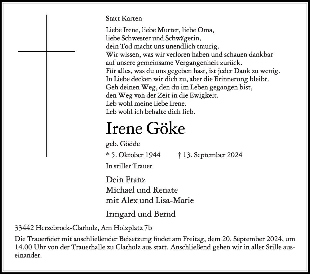  Traueranzeige für Irene Göke vom 18.09.2024 aus Die Glocke