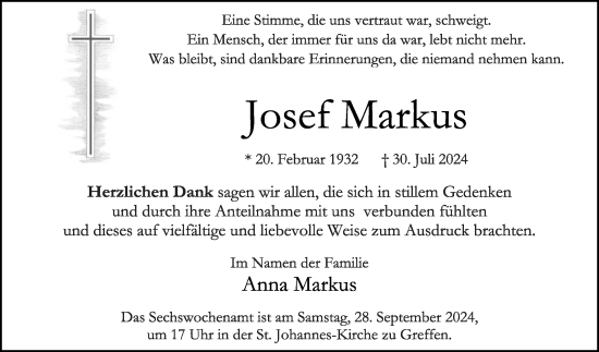 Traueranzeige von Josef Markus von Die Glocke