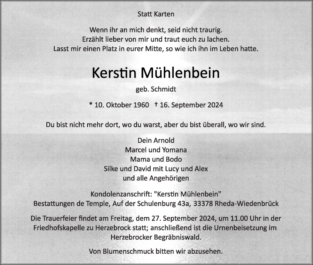  Traueranzeige für Kerstin Mühlenbein vom 21.09.2024 aus Die Glocke