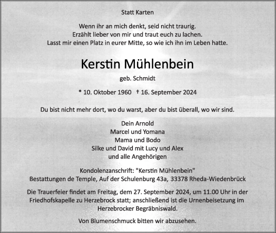 Traueranzeige von Kerstin Mühlenbein von Die Glocke