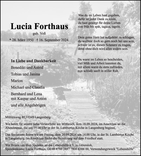 Traueranzeige von Lucia Forthaus von Die Glocke