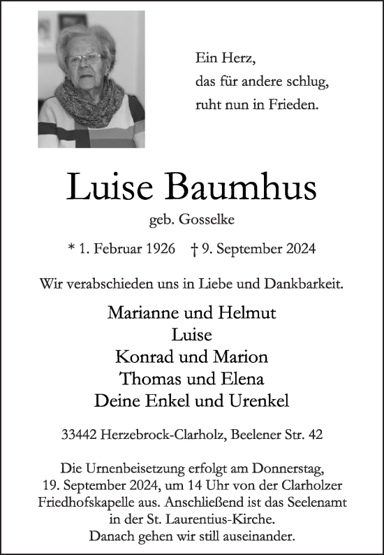 Traueranzeige von Luise Baumhus von Die Glocke