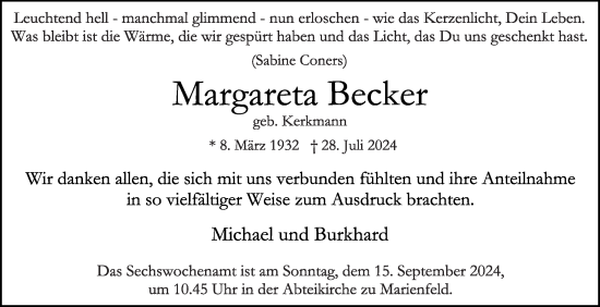 Traueranzeige von Margareta Becker von Die Glocke