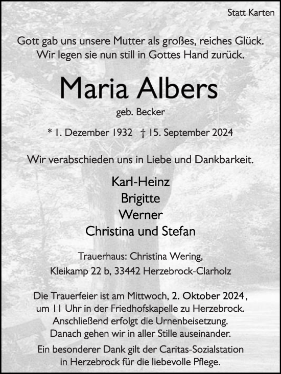 Traueranzeige von Maria Albers von Die Glocke