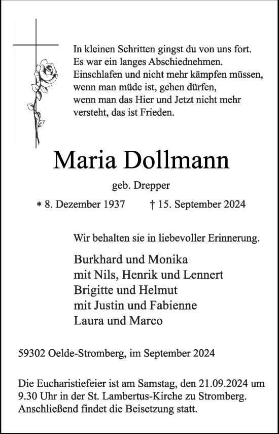 Traueranzeige von Maria Dollmann von Die Glocke