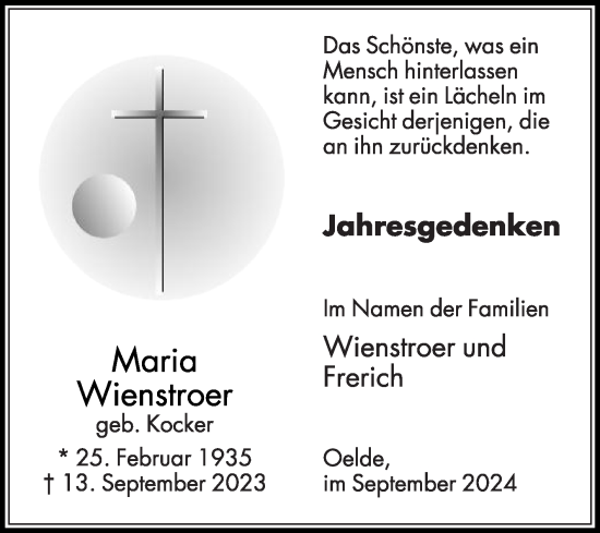 Traueranzeige von Maria Wienstroer von Die Glocke