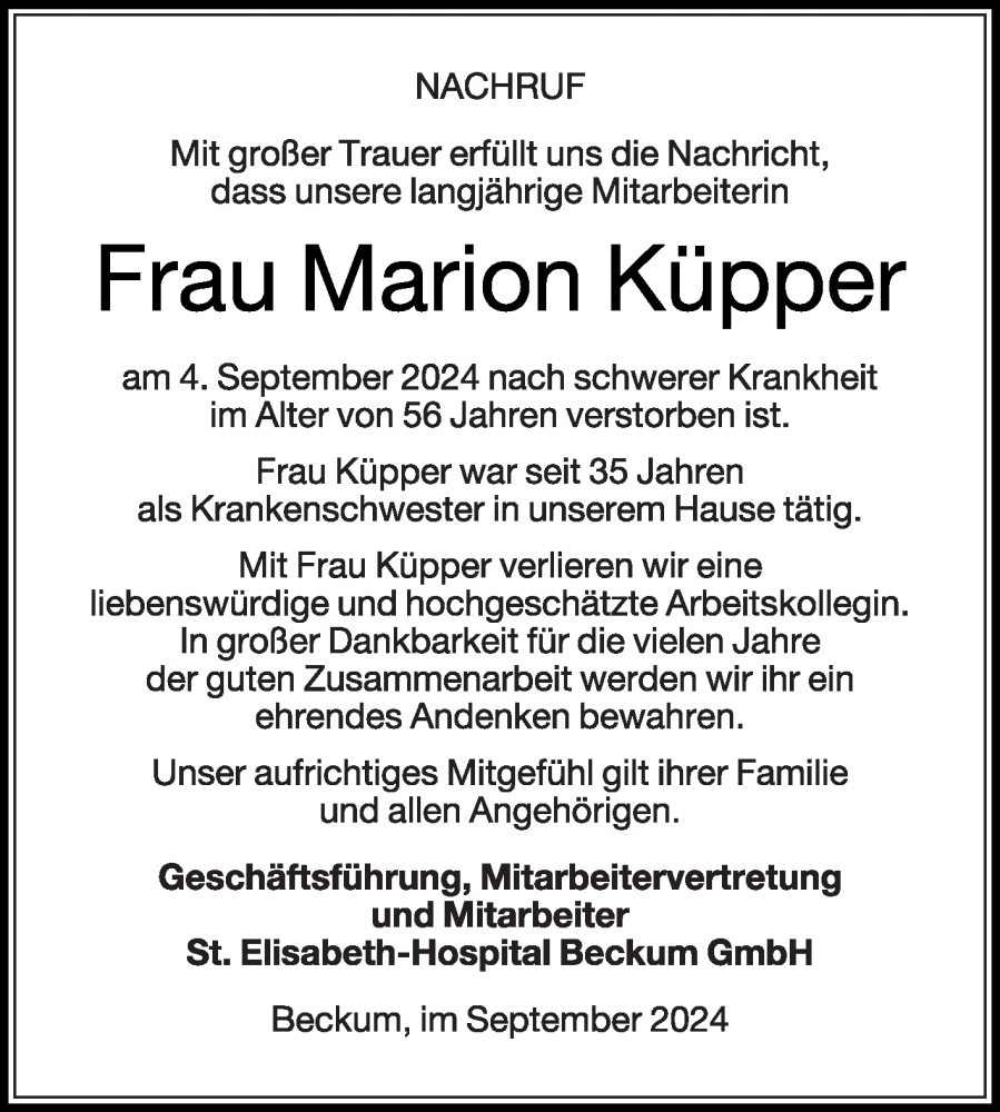  Traueranzeige für Marion Küpper vom 14.09.2024 aus Die Glocke