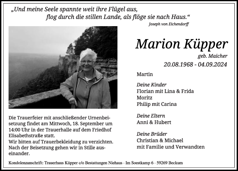  Traueranzeige für Marion Küpper vom 14.09.2024 aus Die Glocke