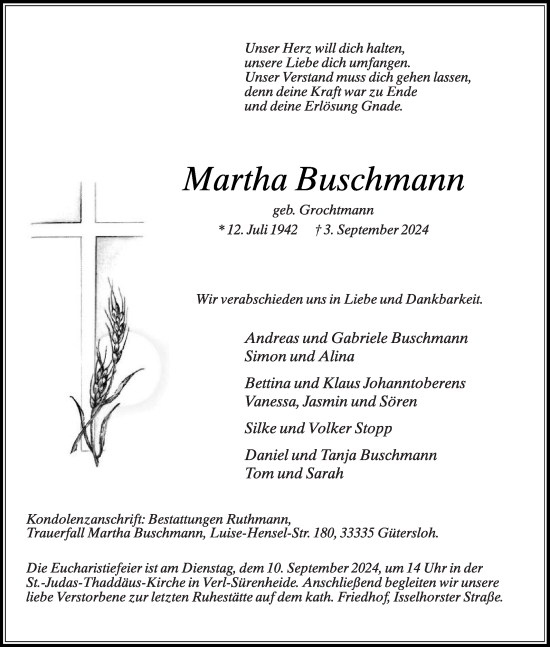 Traueranzeige von Martha Buschmann von Die Glocke