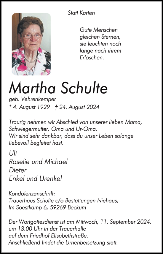 Traueranzeige von Martha Schulte von Die Glocke