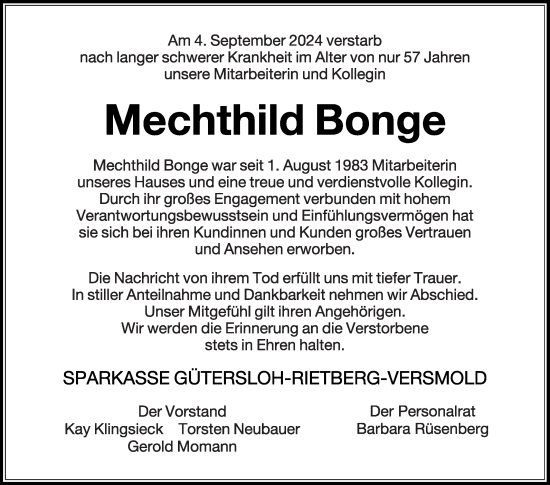 Traueranzeige von Mechthild Bonge von Die Glocke