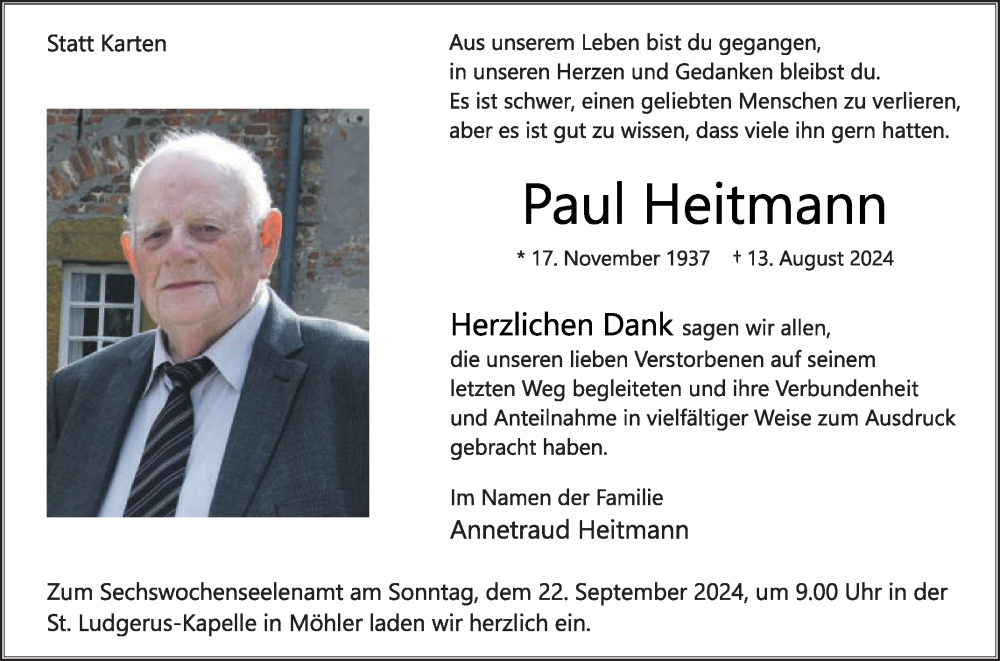  Traueranzeige für Paul Heitmann vom 14.09.2024 aus Die Glocke