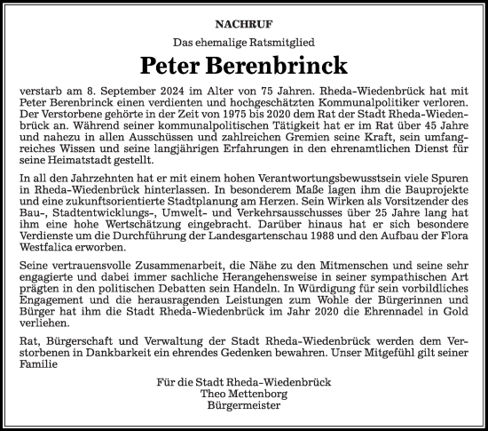 Traueranzeige von Peter Berenbrinck von Die Glocke