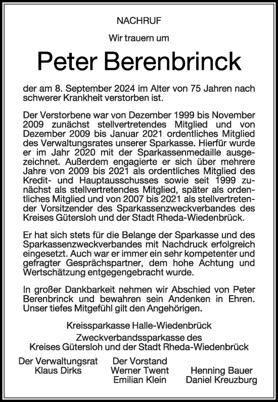 Traueranzeige von Peter Berenbrinck von Die Glocke