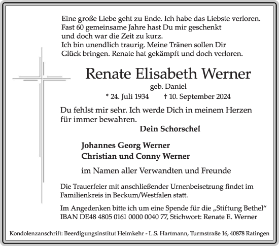 Traueranzeige von Renate Elisabeth Werner von Die Glocke