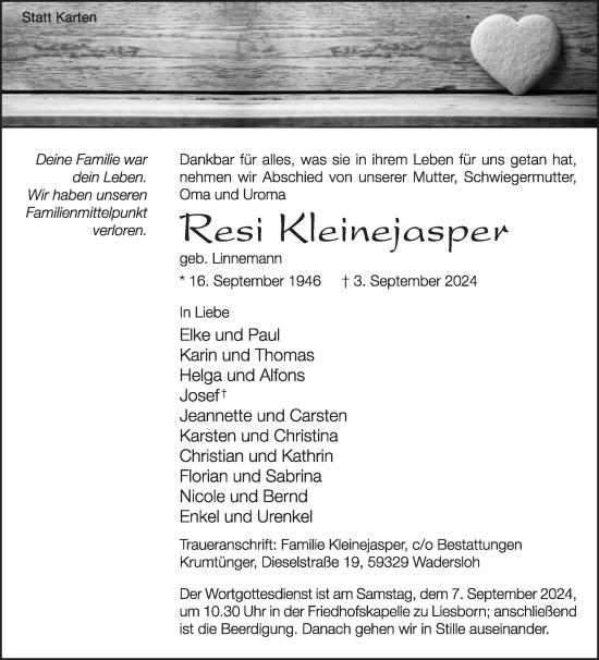 Traueranzeige von Resi Kleinejasper von Die Glocke