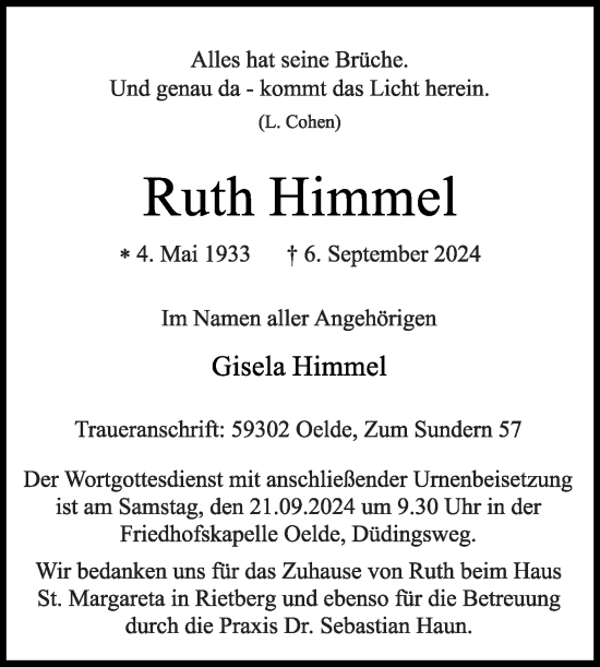 Traueranzeige von Ruth Himmel von Die Glocke