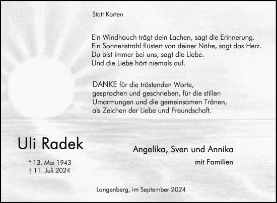 Traueranzeige von Uli Radek von Die Glocke