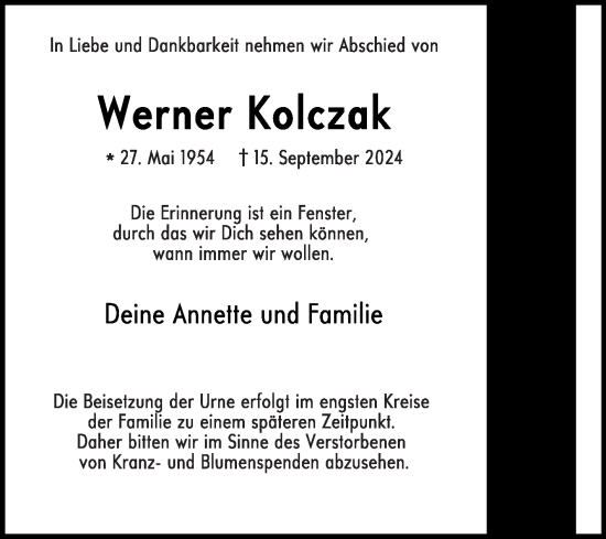 Traueranzeige von Werner Kolczak von Die Glocke