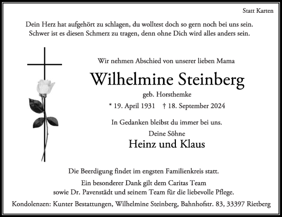 Traueranzeige von Wilhelmine Steinberg von Die Glocke