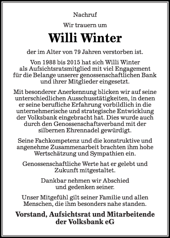 Traueranzeige von Willi Winter von Die Glocke