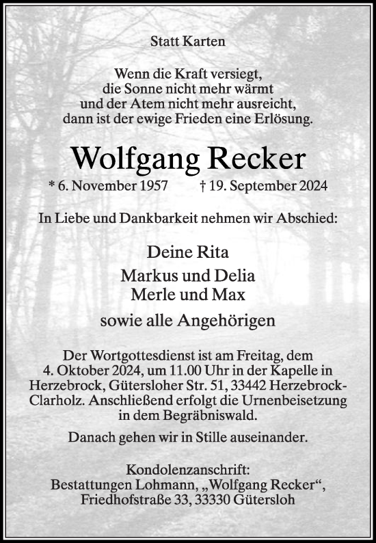 Traueranzeige von Wolfgang Recker von Die Glocke