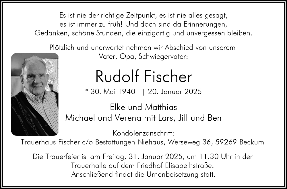  Traueranzeige für Rudolf Fischer vom 25.01.2025 aus Die Glocke