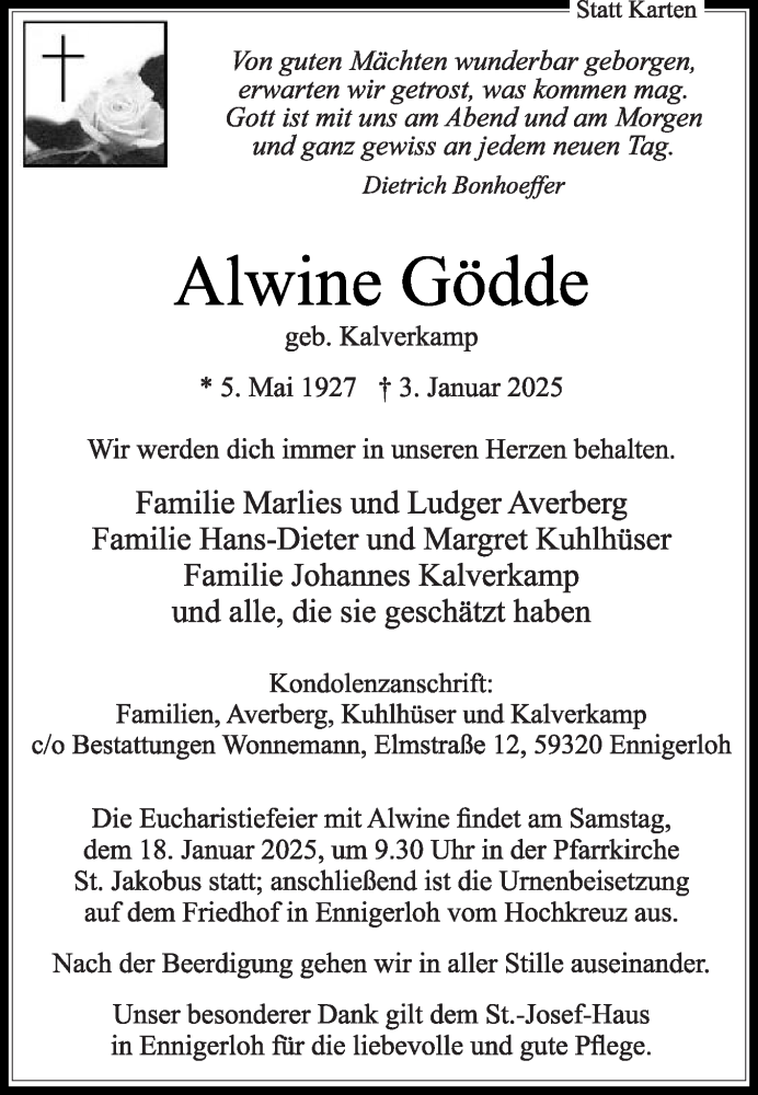  Traueranzeige für Alwine Gödde vom 11.01.2025 aus Die Glocke