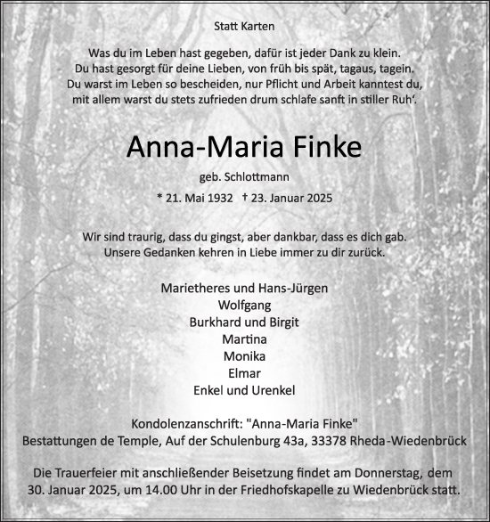 Traueranzeige von Anna-Maria Finke von Die Glocke
