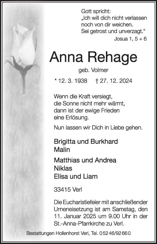 Traueranzeige von Anna Rehage von Die Glocke