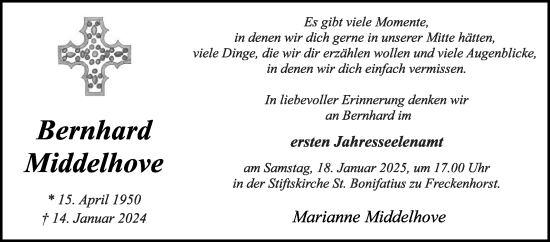 Traueranzeige von Bernhard Middelhove von Die Glocke