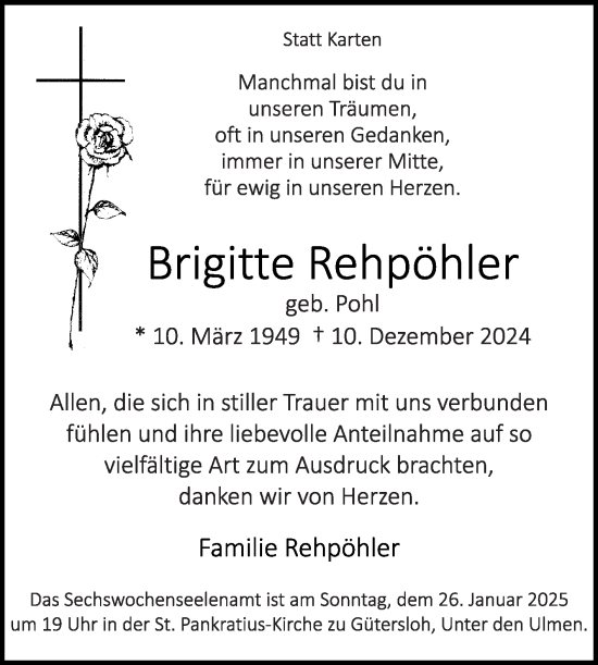 Traueranzeige von Brigitte Rehpöhler von Die Glocke