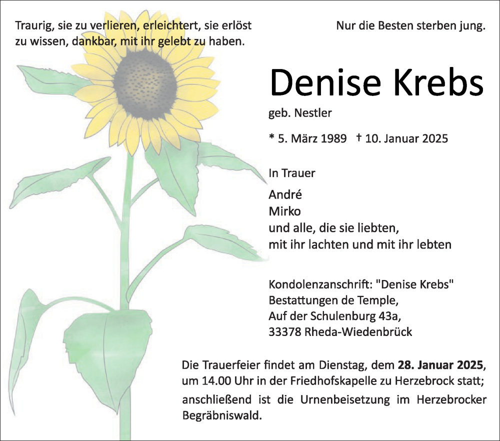  Traueranzeige für Denise Krebs vom 18.01.2025 aus Die Glocke