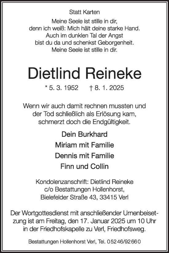 Traueranzeige von Dietlind Reineke von Die Glocke