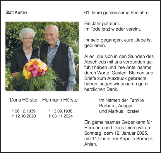 Traueranzeige von Doris Hörster von Die Glocke