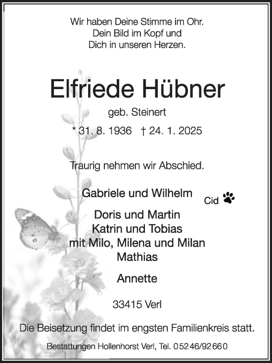 Traueranzeige von Elfriede Hübner von Die Glocke