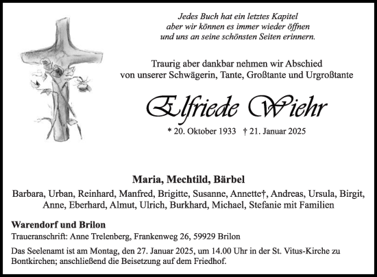 Traueranzeige von Elfriede Wiehr von Die Glocke