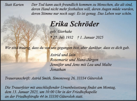 Traueranzeige von Erika Schröder von Die Glocke