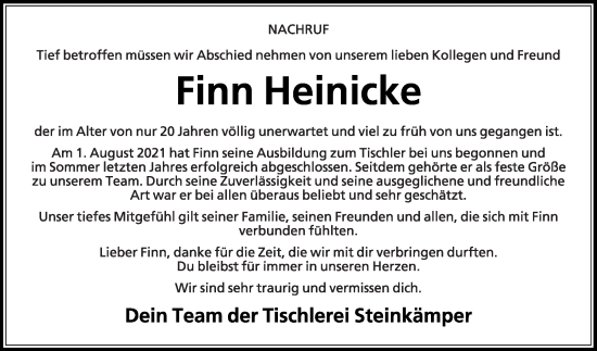 Traueranzeige von Finn Heinicke von Die Glocke