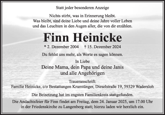 Traueranzeige von Finn Heinicke von Die Glocke