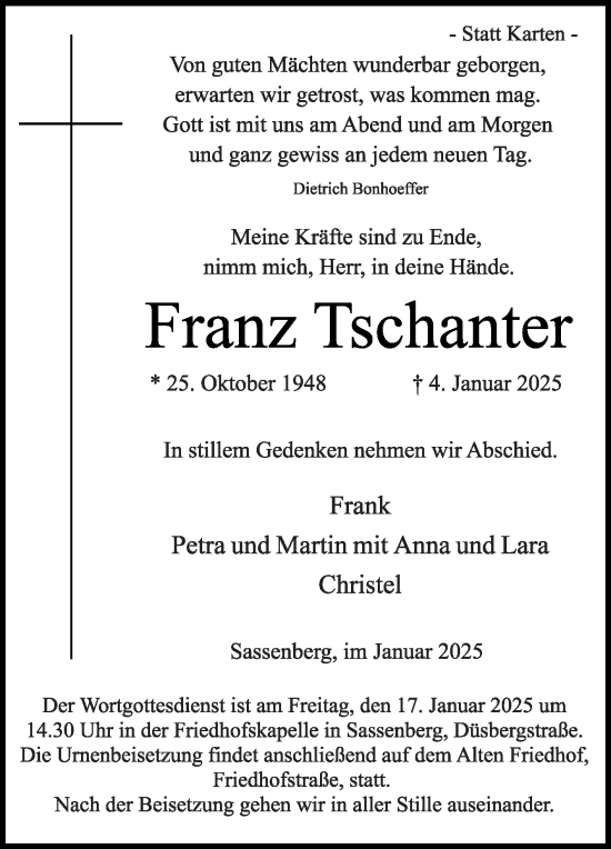 Traueranzeige von Franz Tschanter von Die Glocke