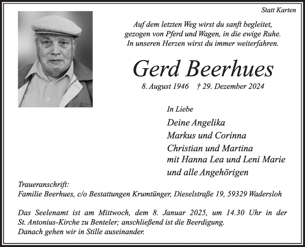  Traueranzeige für Gerd Beerhues vom 04.01.2025 aus Die Glocke