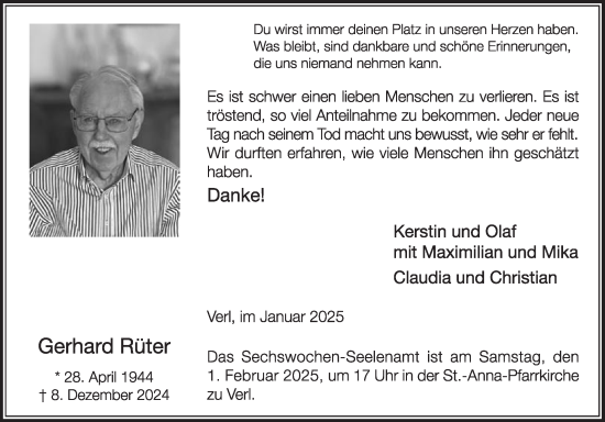 Traueranzeige von Gerhard Rüter von Die Glocke