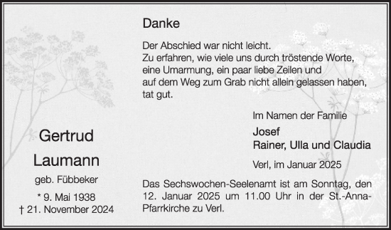 Traueranzeige von Gertrud Laumann von Die Glocke