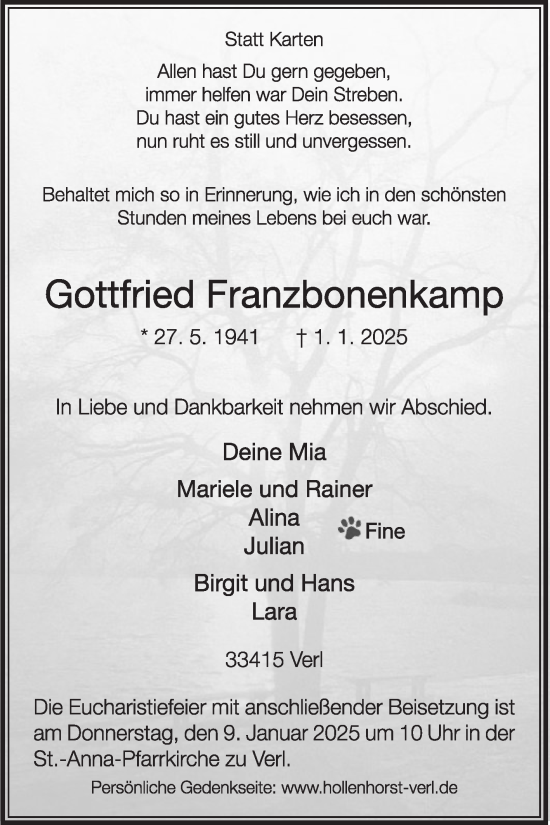 Traueranzeige von Gottfried Franzbonenkamp von Die Glocke