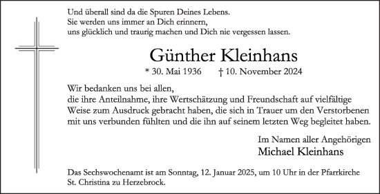 Traueranzeige von Günther Kleinhans von Die Glocke