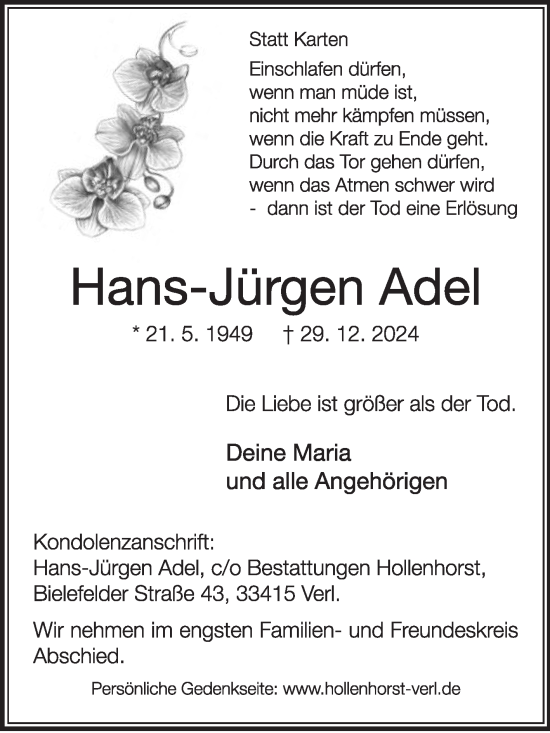 Traueranzeige von Hans-Jürgen Adel von Die Glocke