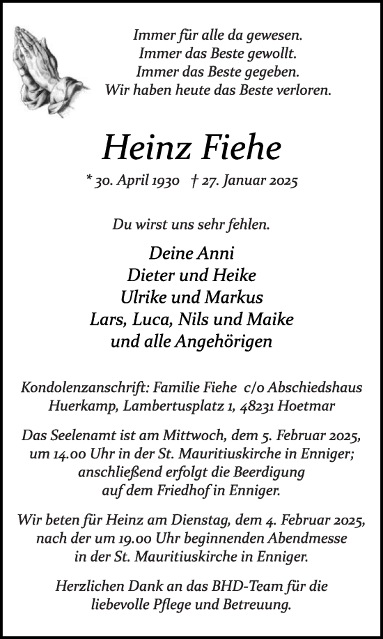Traueranzeige von Heinz Fiehe von Die Glocke