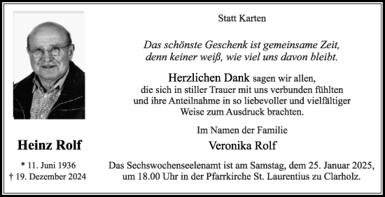Traueranzeige von Heinz Rolf von Die Glocke